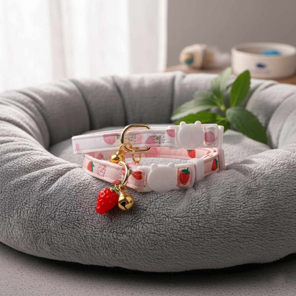 Two strawberry-themed dog collars on a gray pet bed with a plant in the background at Pet Servo
