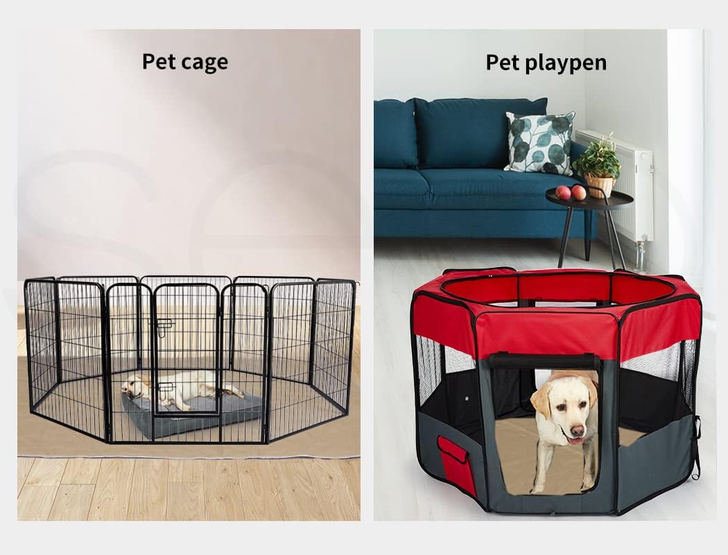 A split comparison showing two pet enclosure products: on the left, a black metal pet cage with a small dog inside on a wood floor; on the right, a red and black foldable pet playpen with a yellow Labrador inside, set in front of a blue sofa in a living room. Text labels read 'Pet cage' and 'Pet playpen' at Pet Servo