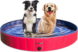 Two dogs in a red and blue inflatable pool with 'Frompet' branding at Pet Servo