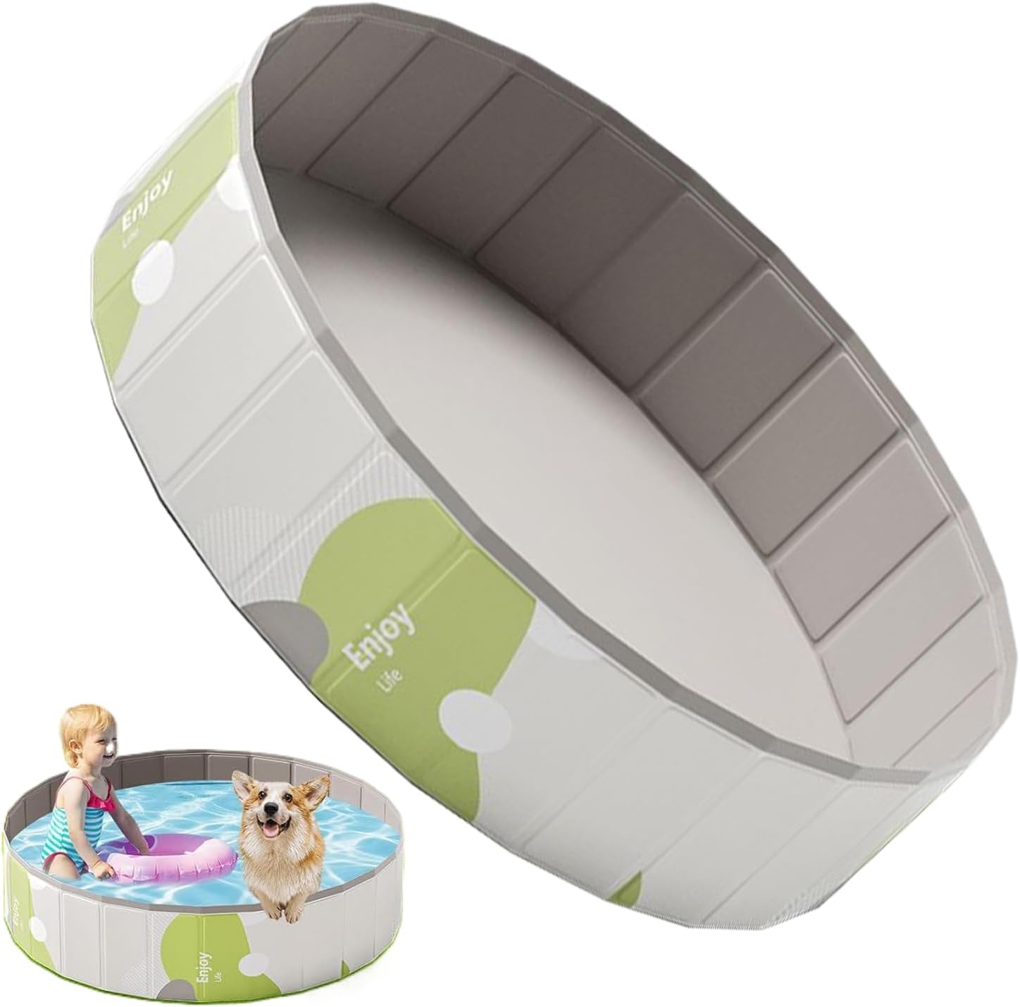 Portable inflatable pool with a child and dog inside on a white background at Pet Servo