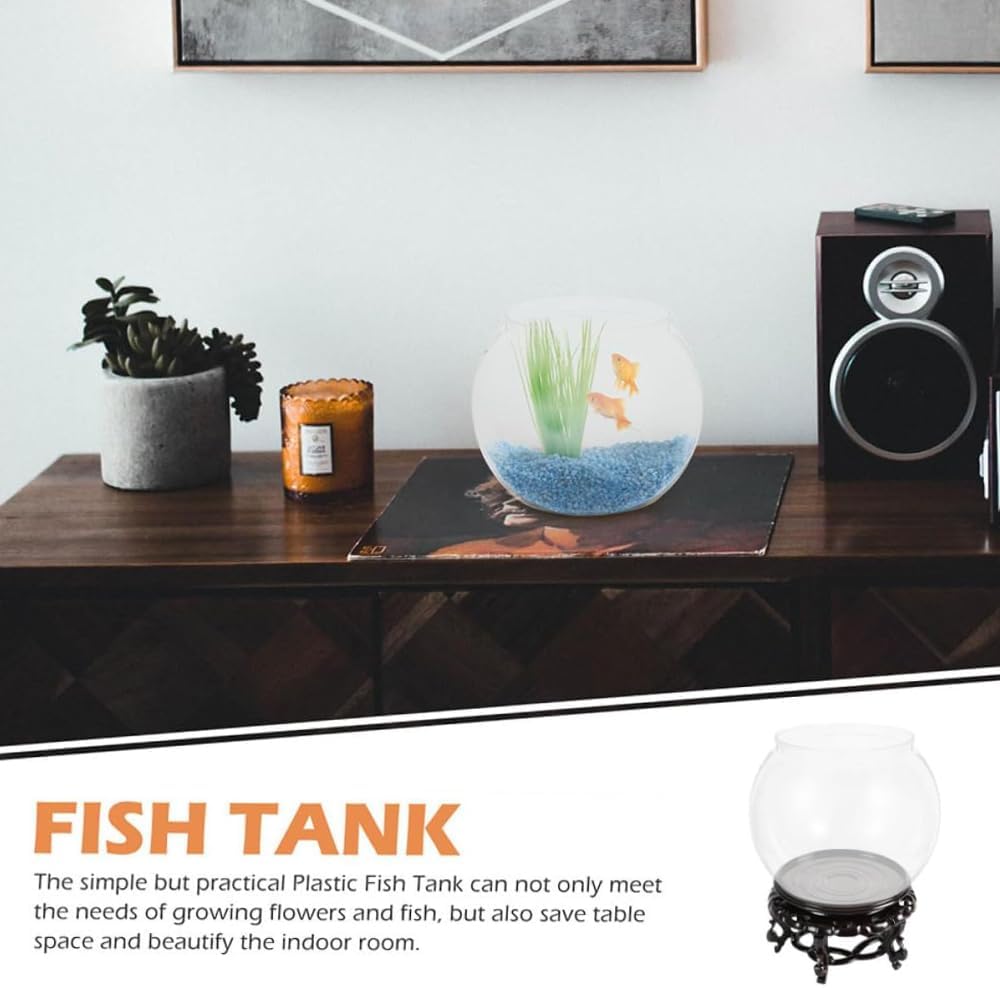 Small fish tank on a wooden table with decor items, featuring text about its benefits at Pet Servo