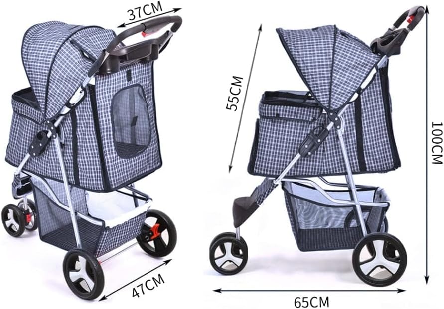 A pet stroller shown from two angles with overlaid dimension arrows and labels: 37CM height, 47CM width, 55CM height, 65CM width, and 100CM overall height. The stroller has a blue-and-white check pattern, a silver frame, black wheels, and mesh side windows on a plain white background at Pet Servo
