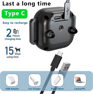 Black electronic device with USB Type-C connection, charging cable, and text about charging time and usage time at Pet Servo