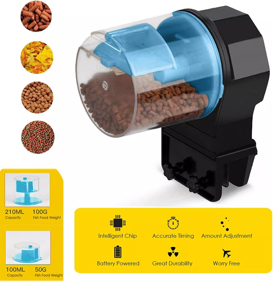 Pet food dispenser with various food types and features displayed on a white background at Pet Servo