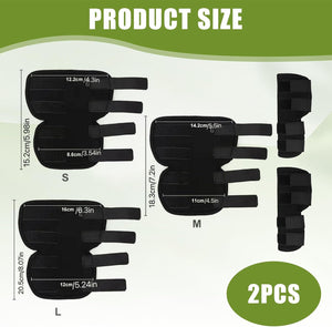 Black knee pads with measurements for size S, M, and L on a white background at Pet Servo