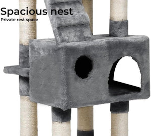 Gray plush cat tree perch with a built-in nesting box, circular and arched entry holes, sisal-wrapped scratching posts, and a small ramp, shown on a white background with text reading 'Spacious nest Private rest space' at Pet Servo