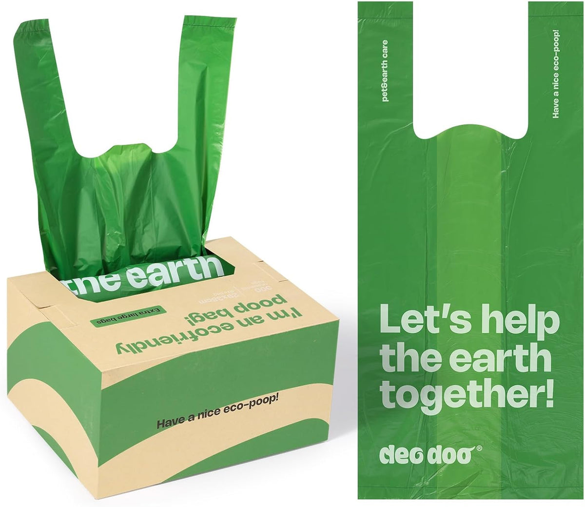 Green plastic poop bags with white printed text, shown both standing in a cardboard dispenser box and as a flat bag. The packaging and bags read 'deco doo' and 'Let's help the earth together!' at Pet Servo