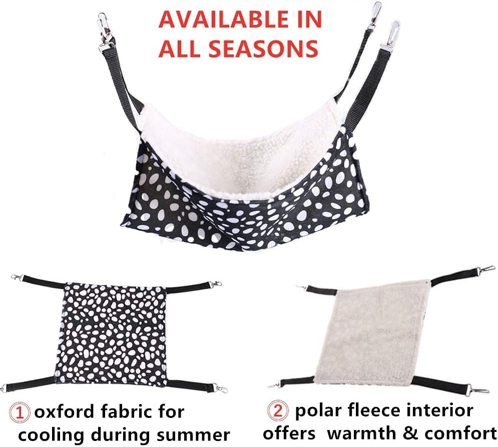 Pet hammock with polka dot and solid fabric options, labeled 'Available in all seasons' at Pet Servo