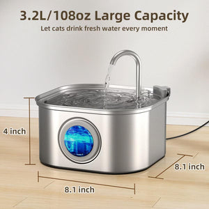 Stainless steel pet water fountain with dimensions and capacity text on a wooden floor at Pet Servo