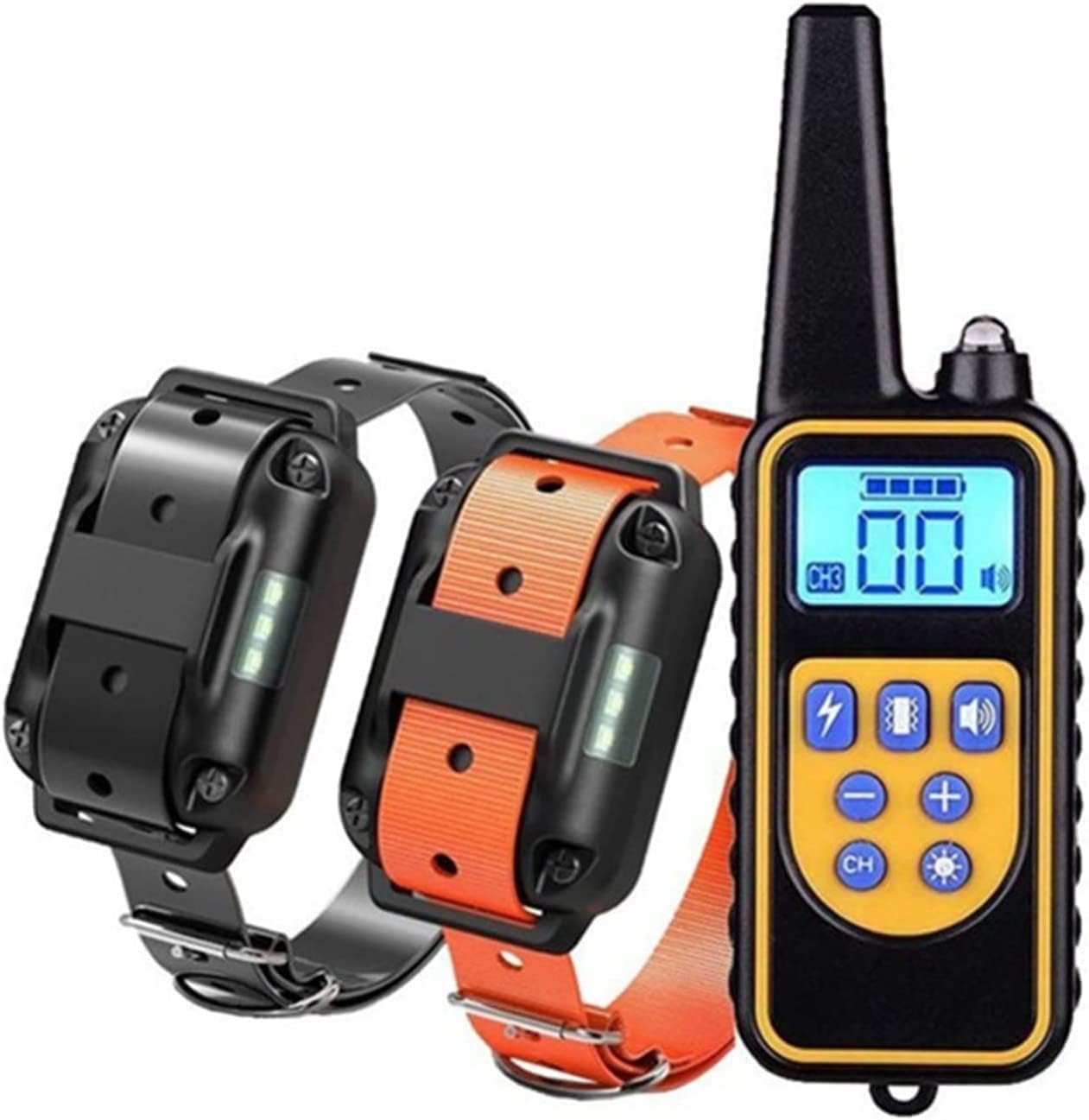 Two dog collars with a remote control device on a white background at Pet Servo