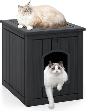 Black wooden pet house with two cats, one inside and one on top at Pet Servo