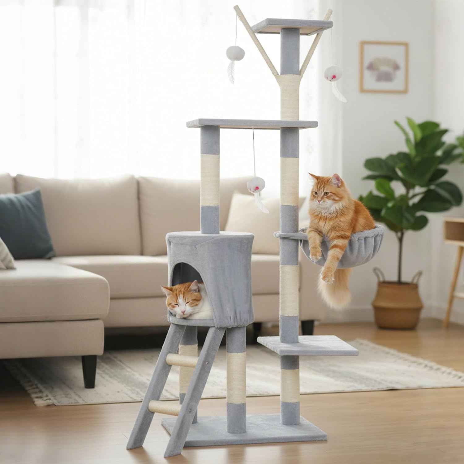 Cat tree with two cats in a living room setting at Pet Servo