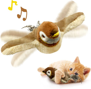 Plush bird toy with music notes and a cat playing with it on a white background at Pet Servo