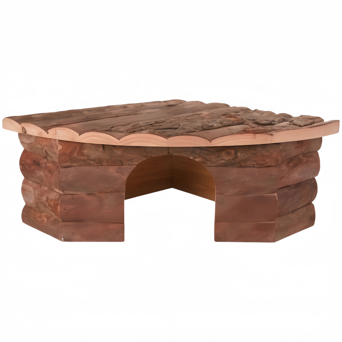 A rustic log-style coffee table with a scalloped wood top and a central arched opening, shown on a plain white background at Pet Servo
