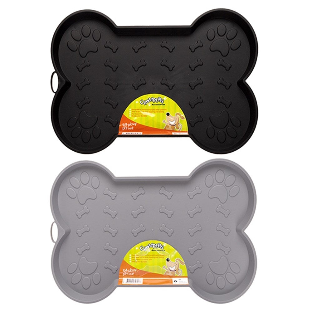Two bone-shaped pet mats, one black and one gray, with a brand label in the center on a white background at Pet Servo