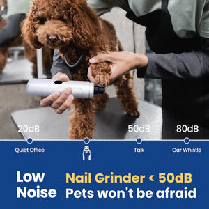 Person holding a nail grinder with a dog, showing noise level comparison on a blue bar at Pet Servo