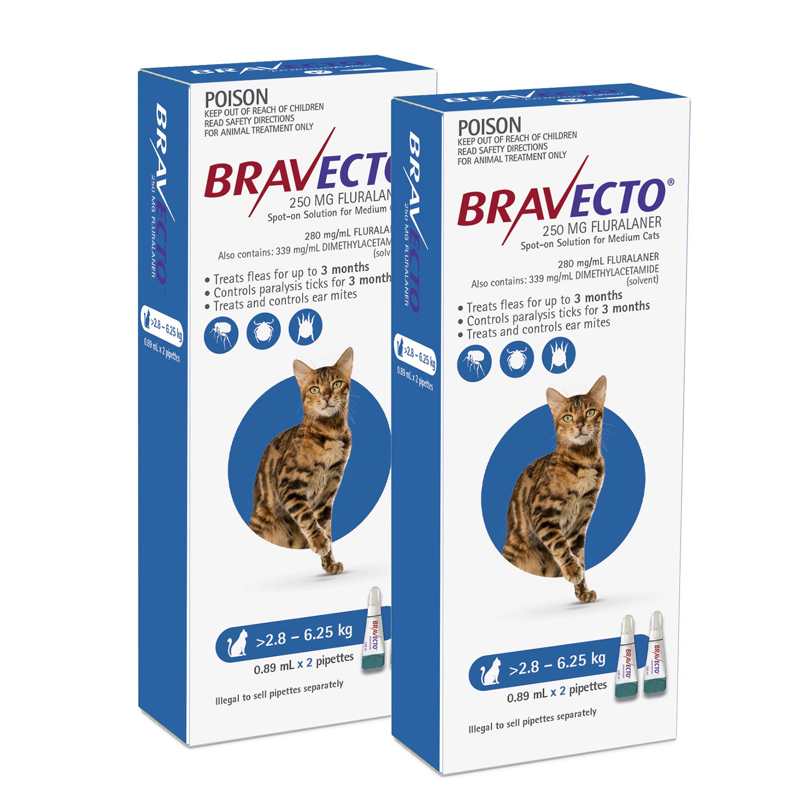 Two boxes of Bravecto for cats on a white background