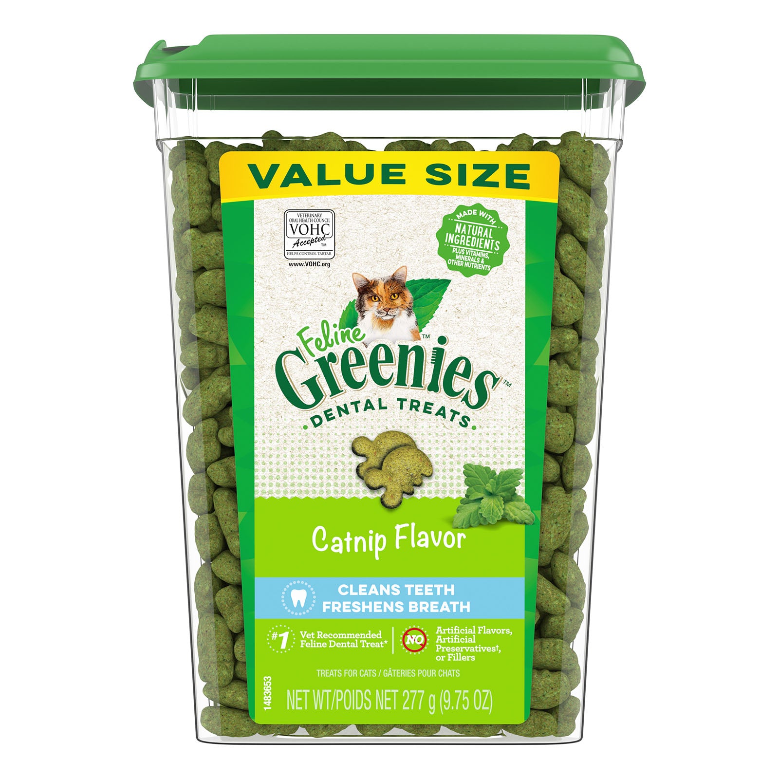 Feline Greenies dental treats packaging with green lid and label on a white background at petservo