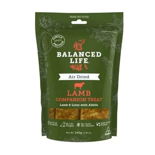 Green package of Balanced Life air dried lamb companion treat 140gm for dogs on a white background at Pet Servo