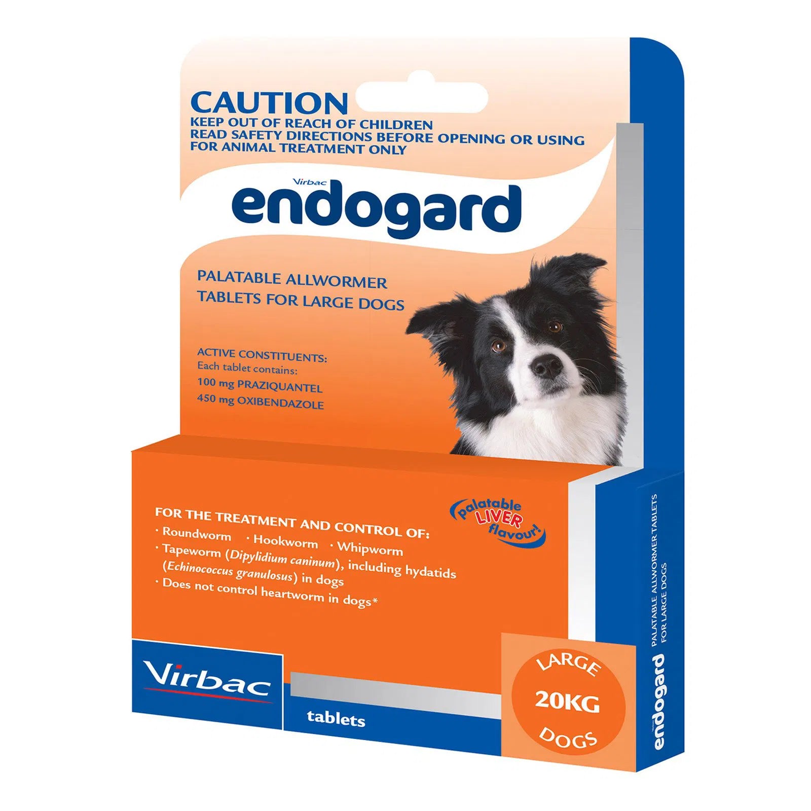 Endogard palatable allwormer tablets packaging for large dogs with a dog image on an orange and blue background at Pet Servo