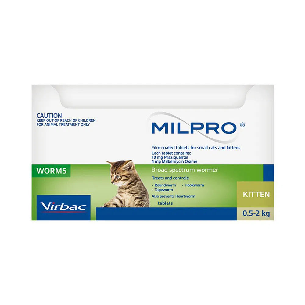 Milpro cat medication packaging with a kitten illustration on a white background at Pet Servo