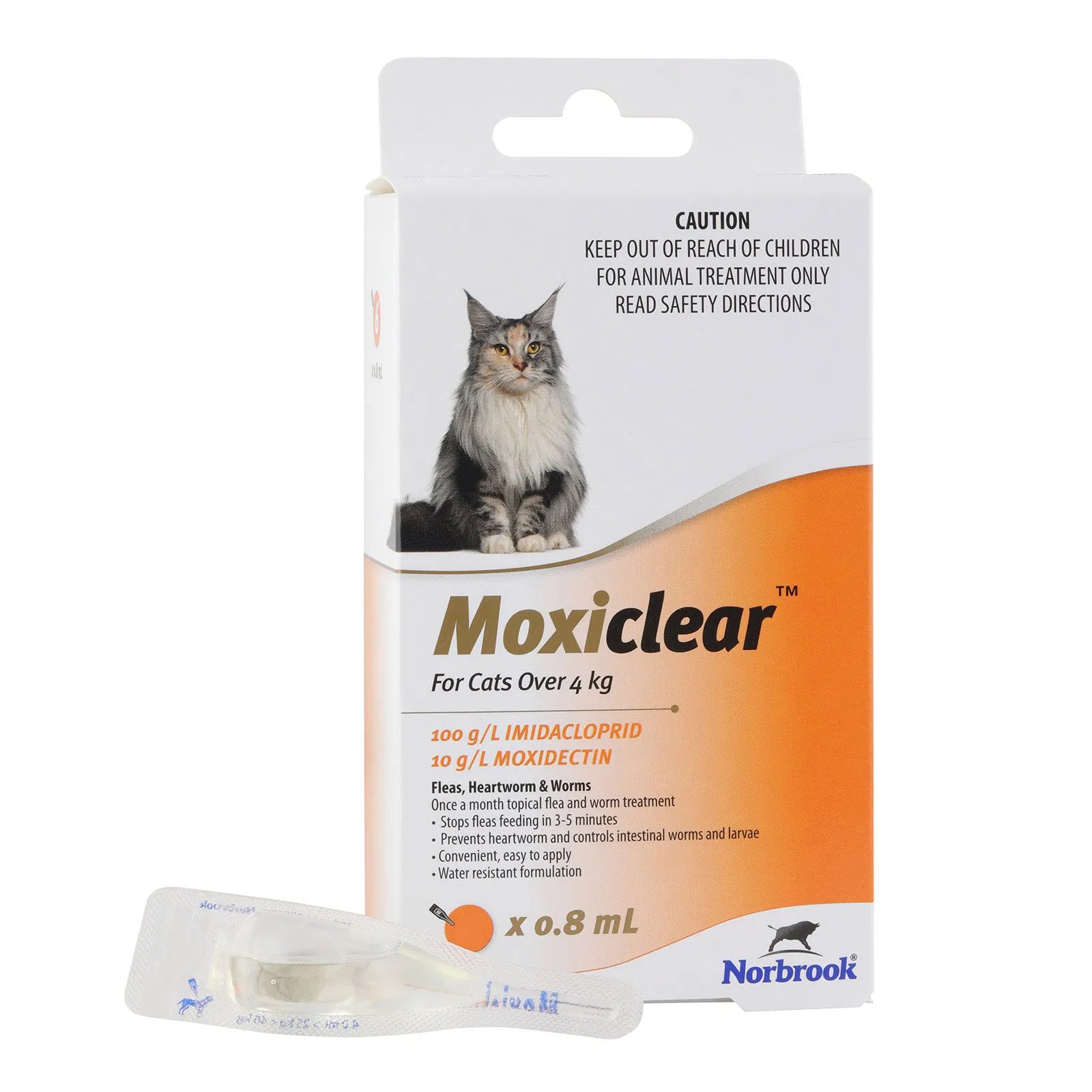 Moxiclear packaging for cats over 4 kg with a cat image on a white background at Pet Servo
