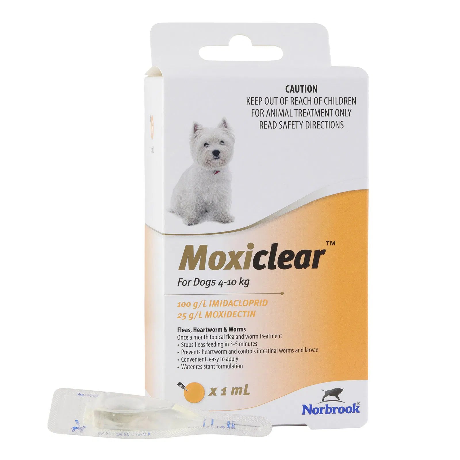 Moxiclear for dogs packaging with a small dog illustration on a white background at Pet Servo