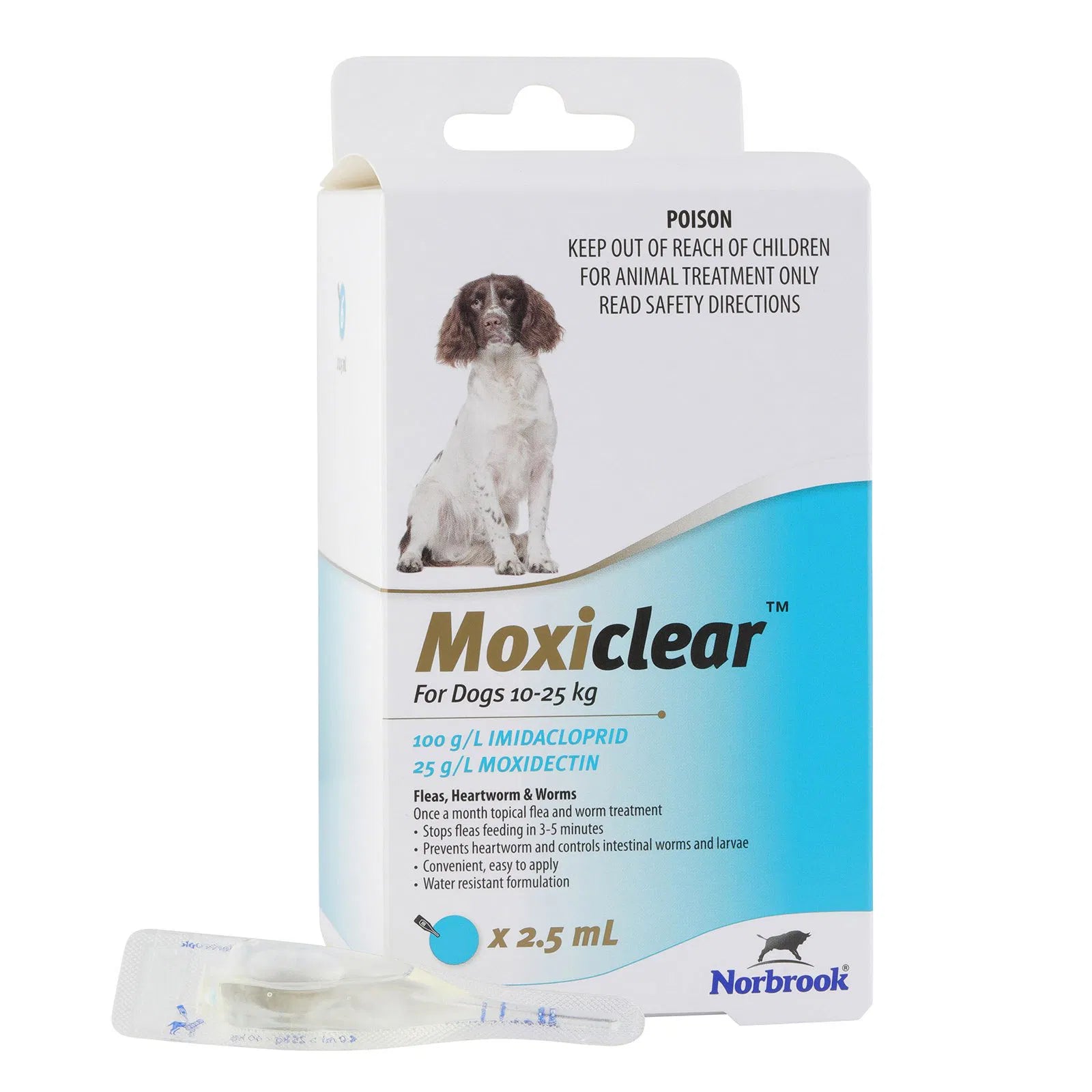 Moxiclear for dogs packaging with a dog illustration on a white background at Pet Servo
