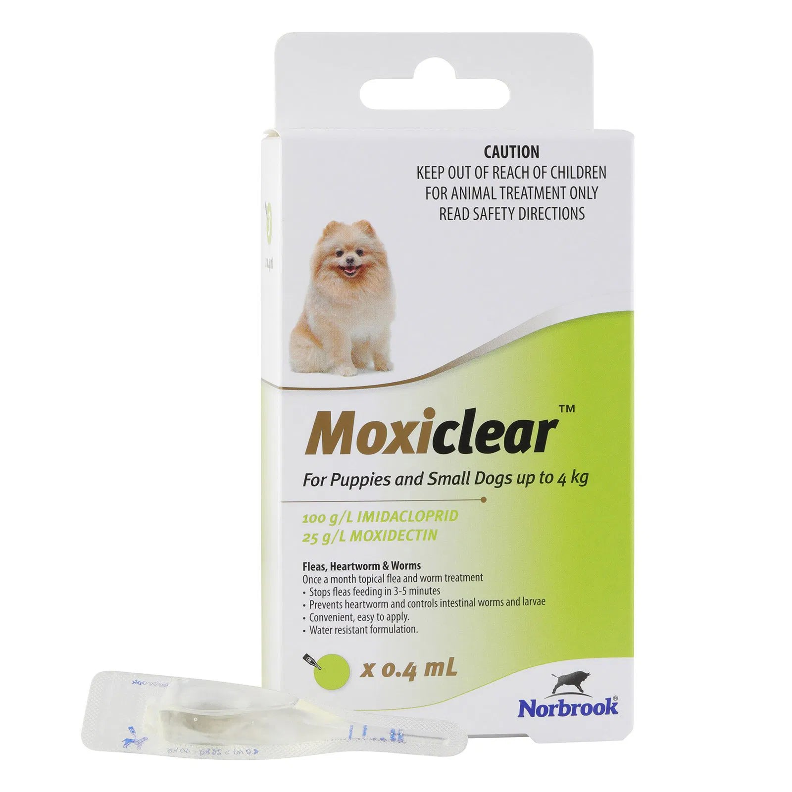 Moxiclear packaging for puppies and small dogs with a dog illustration on a white background at Pet Servo