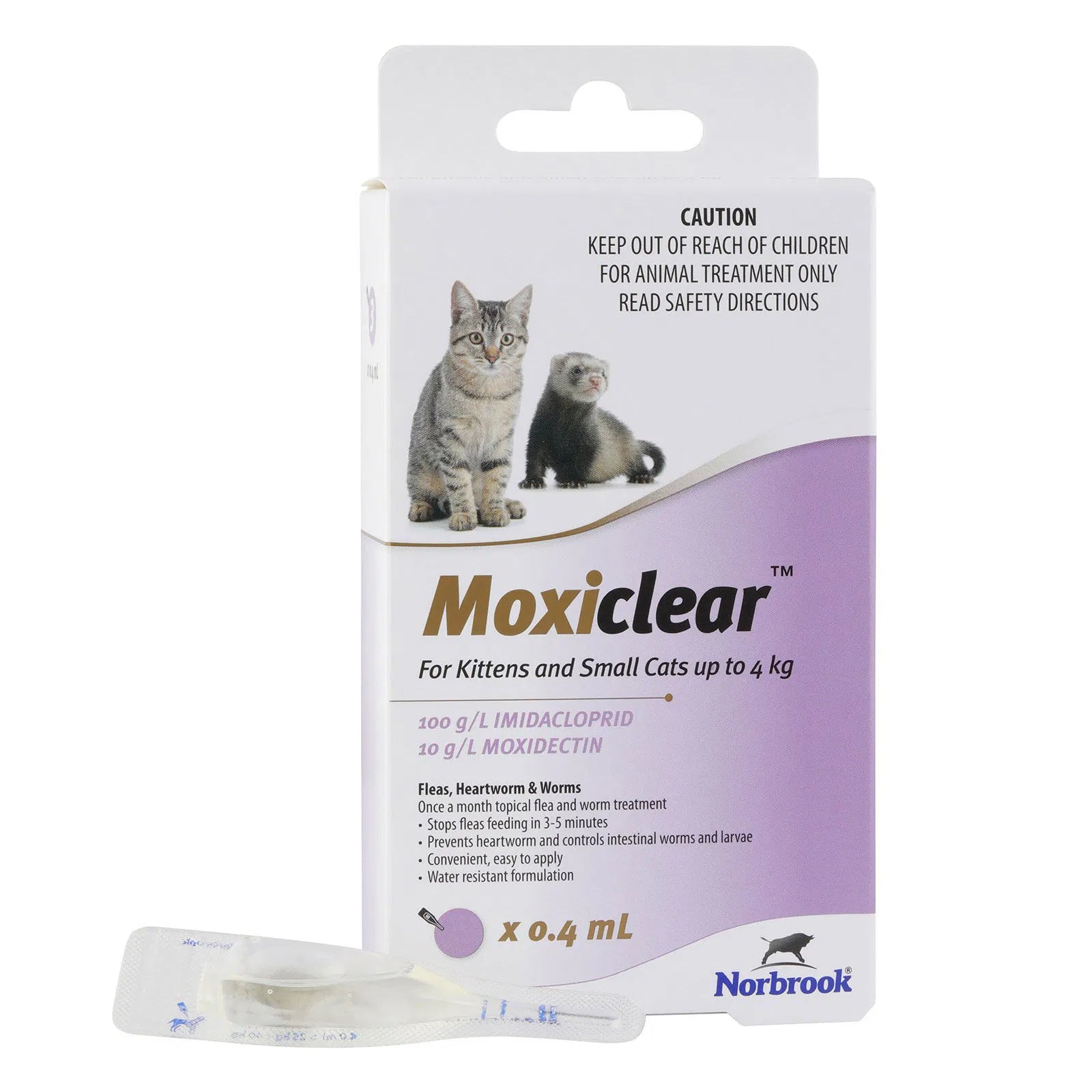 Moxiclear packaging for kittens and small cats with Norbrook logo on a white background at Pet Servo