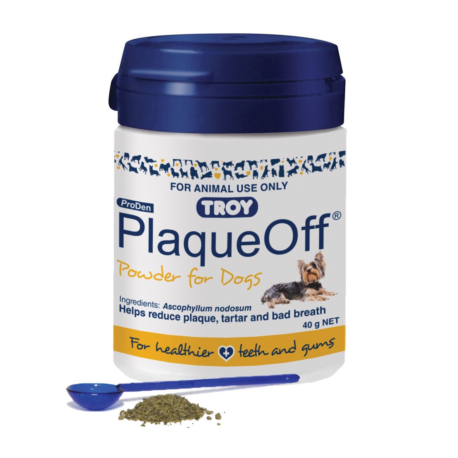 Troy PlaqueOff powder for dogs with a blue lid and spoon on a white background at Pet Servo