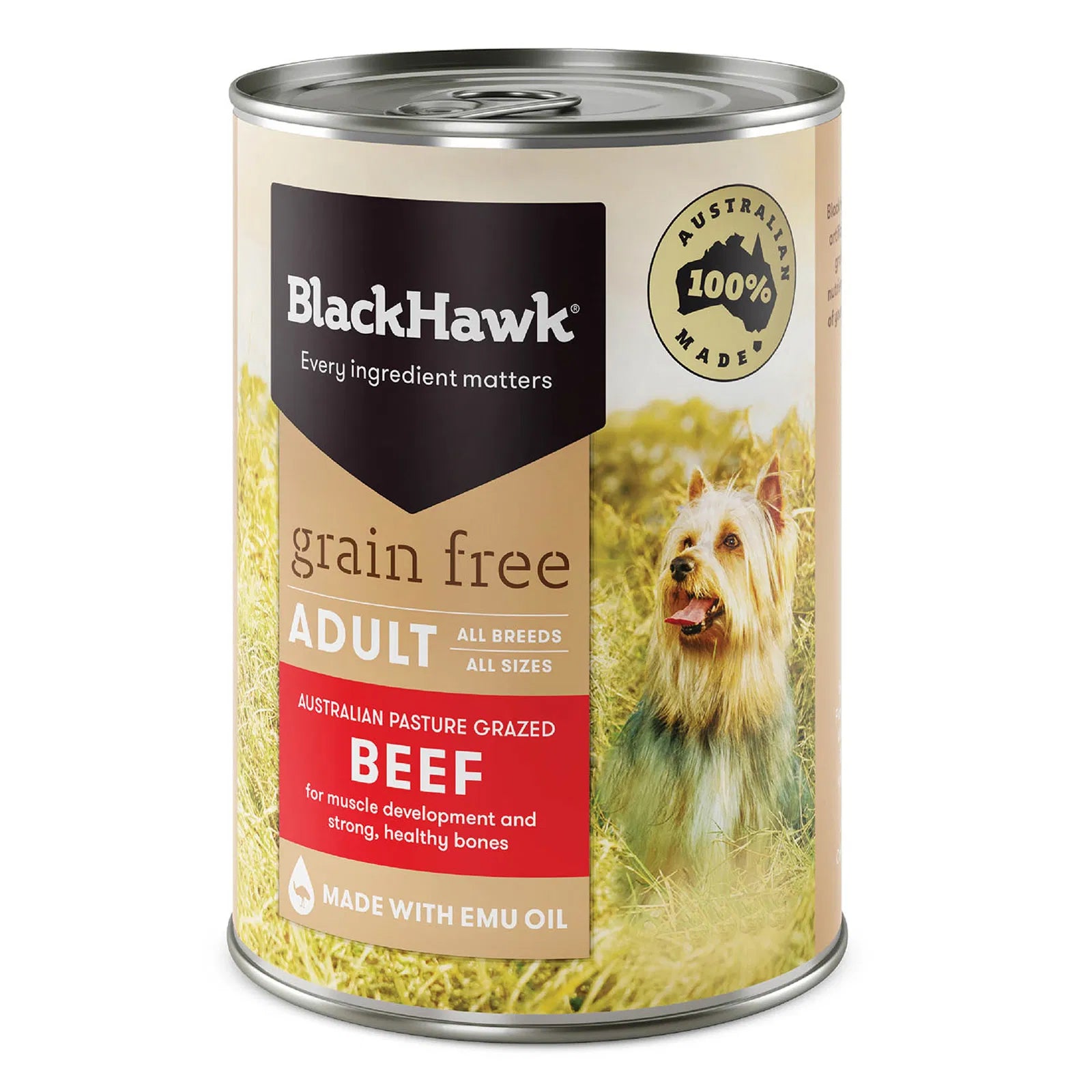 Can of Black Hawk grain-free adult dog food with a dog on the label against a white background at Pt Servo