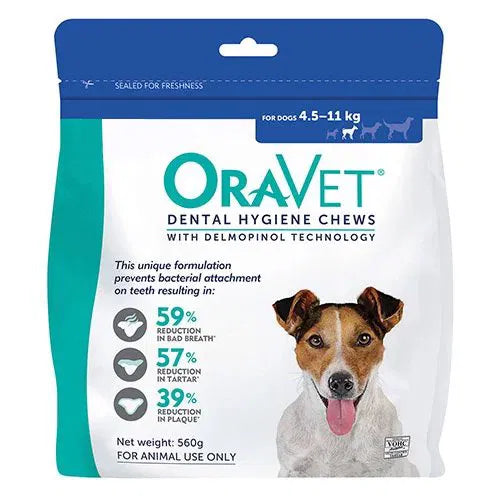 Oravet dental hygiene chews packaging for dogs with a dog's face on it, on a white background at Pet Servo