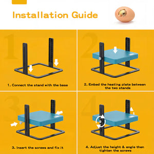 Step-by-step installation guide for a heating device with illustrations and text on a yellow background at Pet Servo