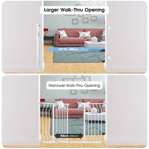 Comparison of a larger and narrower walk-thru opening for a pet gate in a living room setting at Pet Servo