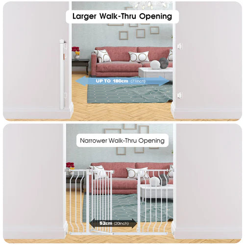 Comparison of a larger and narrower walk-thru opening for a pet gate in a living room setting at Pet Servo