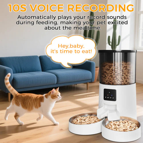 Pet feeder with voice recording feature in a living room setting at Pet Servo