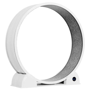 Pet exercise wheel with white frame and gray interior on a white background