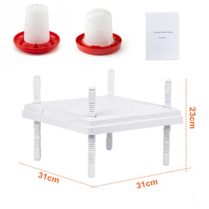 White plastic chicken feeder with red cups on a white background at Pet Servo