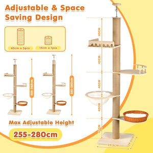 A product infographic for a multi-level cat tree, showing the assembled cat tree on the right with dimensions, and alternative stacking configurations on the left with dimensions. Text highlights adjustable and space-saving design, with measurements in centimeters on a pale yellow background at Pet Servo