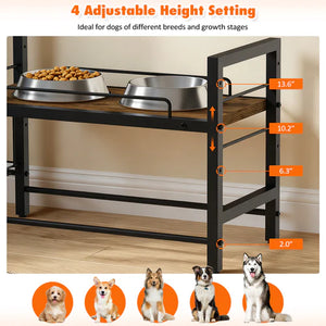 Dog feeding station with adjustable height settings, shown with measurements and dogs of different breeds at Pet Servo