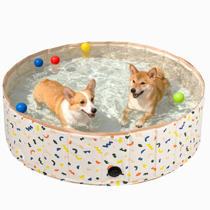 Two dogs playing in a colorful inflatable pool with balls.