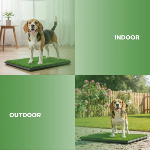 A dog training mat shown in two lifestyle settings: indoors with a beagle standing on the mat in a bright room, and outdoors in a garden with the same beagle standing on the mat. The image is split into four green-tinted quadrants with the words 'INDOOR' and 'OUTDOOR' in white at Pet Servo