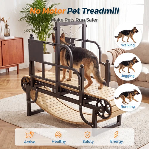 A pet treadmill with an incline ramp and metal guard rails, shown with a German Shepherd running on it in a living room. The image includes text reading 'No Motor Pet Treadmill Make Pets Run Safer' and circular insets showing the dog walking, jogging, and running, with feature icons along the bottom at Pet Servo