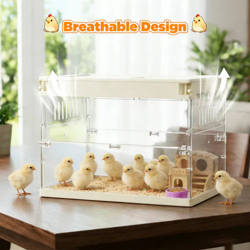 Clear acrylic chick brooder with small chicks on a wooden surface, labeled 'Breathable Design' at Pet Servo