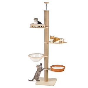 A tall multi-level cat tree with a natural wood-look frame and sisal-wrapped posts, shown on a white background with three cats using the features: one sitting on a shelf, one resting on a perch, and one climbing to reach a toy at Pet Servo