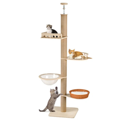 A tall multi-level cat tree with a natural wood-look frame and sisal-wrapped posts, shown on a white background with three cats using the features: one sitting on a shelf, one resting on a perch, and one climbing to reach a toy at Pet Servo