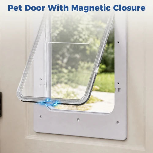 A clear plastic pet door with a white frame mounted on a beige door, with a blue graphic indicating magnetic closure. The text 'Pet Door With Magnetic Closure' is displayed at the top at Pet Servo