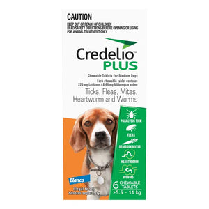 Credelio Plus 6 chews packaging for medium dogs 5-11 kg orange with a dog's face on it, featuring Elanco branding at Pet Servo