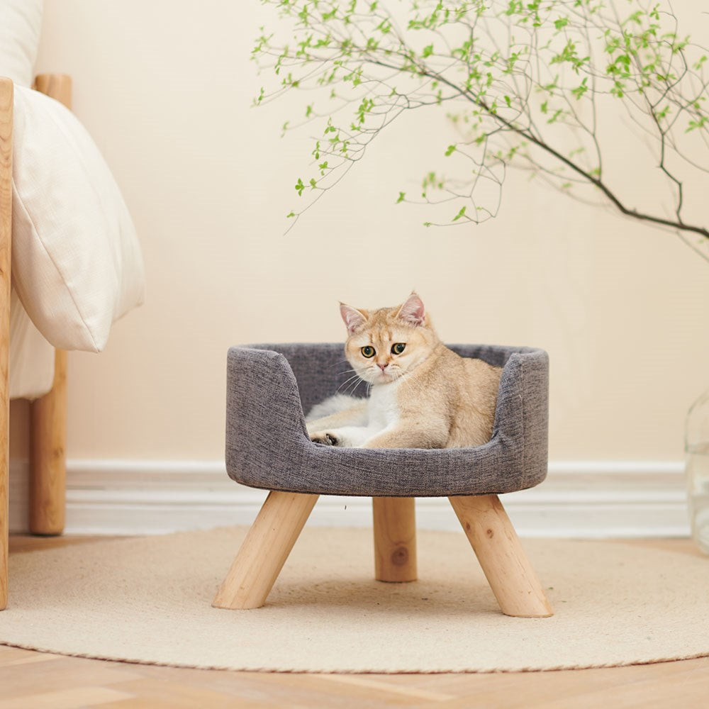 A small orange cat sits inside a gray fabric pet bed with three wooden legs, placed on a round rug in a softly styled room with a bed and hanging branches in the background at Pet Servo